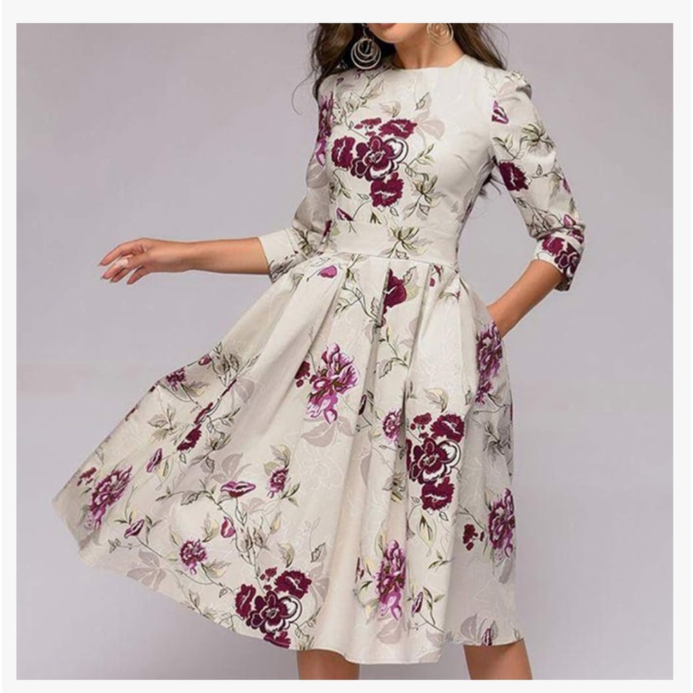 Simple Flavor Floral Dress Midi 3/4 Sleeves. large/10 pockets Easter